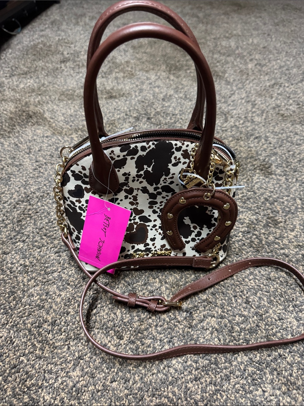 Betsey Johnson Brown and White Cow-Print Mini Dome Satchel Horseshoe keychain